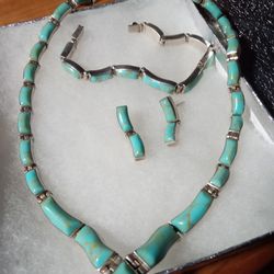 Vintage Mexican Turquoise 950 Silver Necklace, Bracelet, Earrings 
