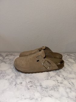 Womens Suede Slip-On Clog with Adjustable Buckle - Tan Genuine Leather