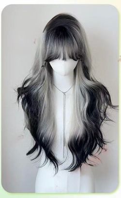 26 inch Ombre black silver curly wig with bang