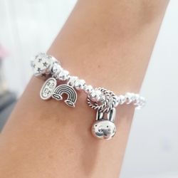 925 Sterling Silver bunny and heart charm ladies women's elastic bracelet gift