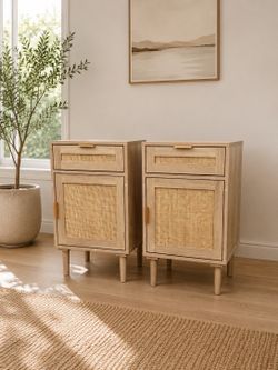 Set of 2, Rattan Nightstands with 1 drawer and Cabinet door with shelves