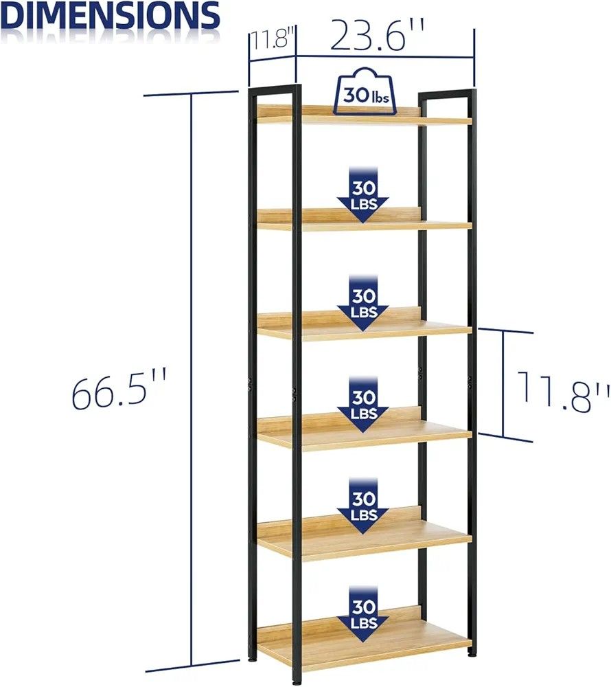 NUMENN Bookshelf, 6 Tier Bookshelves, Home Office Bookcase Shelf Storage Organizer, Free Standing Storage Shelving Unit for Bedroom, Living Room and H