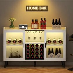 Wine Bar Cabinet with LED Light, Home Coffee Cabinet with Wine and Glass Holder, Kitchen Buffet with Storage Shelves, Freestanding Drinks Cabinet  