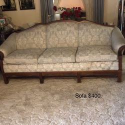 Vintage Wood & Upholstered Three Cushion Sofa Couch  (single piece price $150)