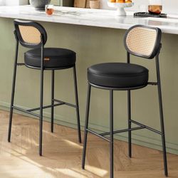 Bar Stools Set of 4  Lbc097b01 Bar Height Stools with Rattan Back and Metal Legs, 30.1-Inch Tall Counter Chairs, Modern Leather Upholstere