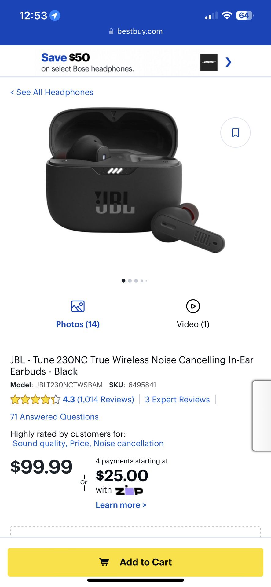 JBL Tune 230NC TWS True Wireless In-Ear Noise Cancelling Headphones 