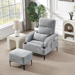 Accent Recliner Chair with Ottoman, Modern Velvet Armchair with Adjustable Backrest,2 Cup Holders and Side Pocket, Single Sofa Lounge Couch for Living