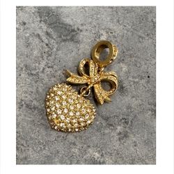 Joan Rivers Signed Vintage Gold Plated Heart & Bow Pendant CZ 2” L Stunning MINT