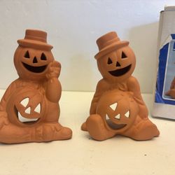 Vtg Pair Of House Of Lloyd Terra Cotta Goblin Candle Holders Pumpkin Jack O’ Lantern Halloween W/Box