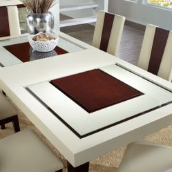 Sofia Vergara Ivory Cherry Dining Table with 6 Leather Chairs for