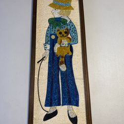 VTG Boy hat overalls cat GRAVEL ART hanging framed Beads/Crushed Pebble Mosaic