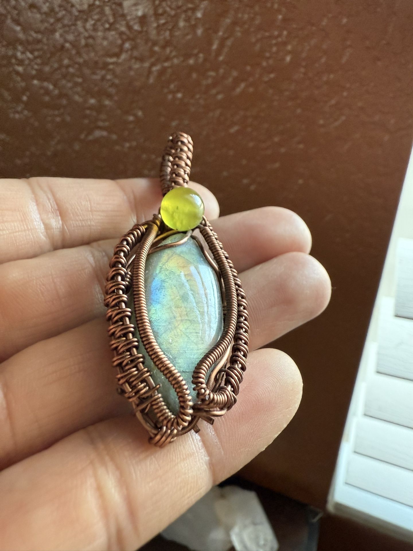 Labradorite And Peridot Copper Wire Wrap Pendant