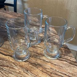 3 Clear Glass Irish Coffee Mugs. 