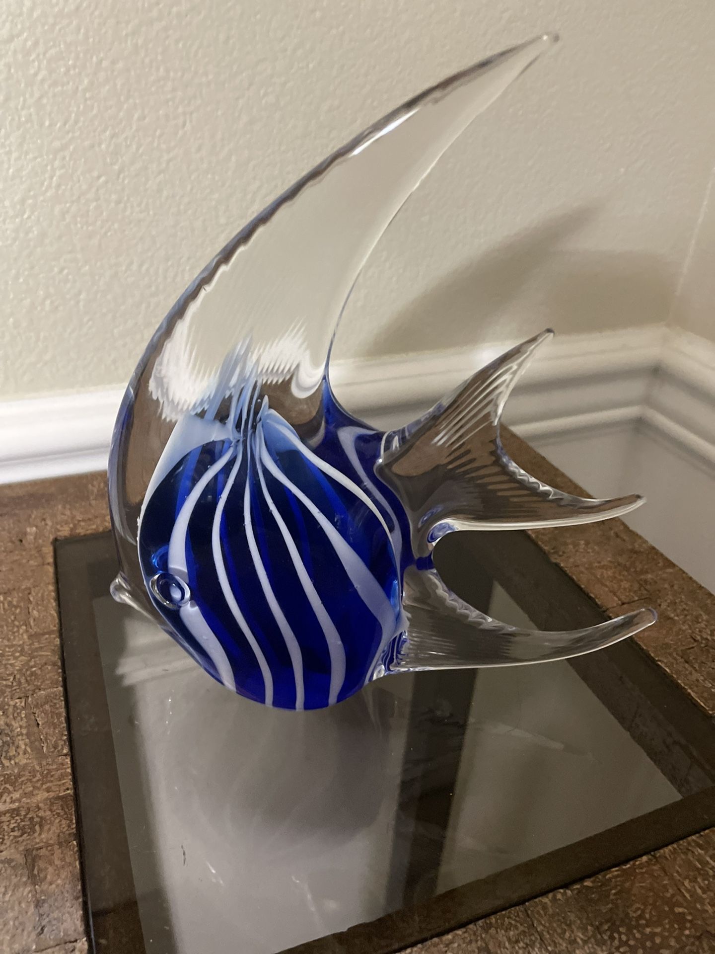 White Stripe Cobalt Blue Art Glass Fish Paperweight 8” T & 7” L