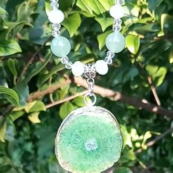 Green Aventurine Ice Jade Solar Quartz Druzy Pendant Necklace & Earrings 