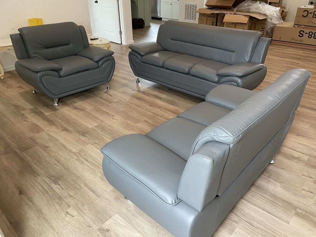 Brand New Black, Grey, White Leather Sofa + Loveseat + Chair | Same Day Delivery