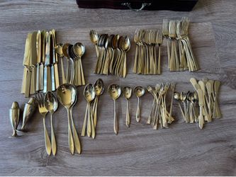 Vintage Dirilyte Dirigold Gold Flatware Set w/ Pacific Silvercloth Chest – Service for 12