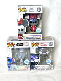 Lot of 3 Funko Pop! Minnie Mouse 1312, Black Panther 1187, R2-D2 593 | Disney 100 Exclusive