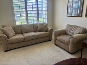 Beige corduroy sofa and matching chair