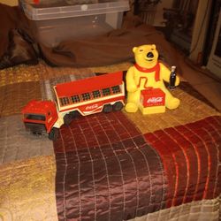 Coca-Cola Come Tractor Trailer Truck 1987 Remco & vintage battery-powered COCA-COLA advertising teddy toy, 