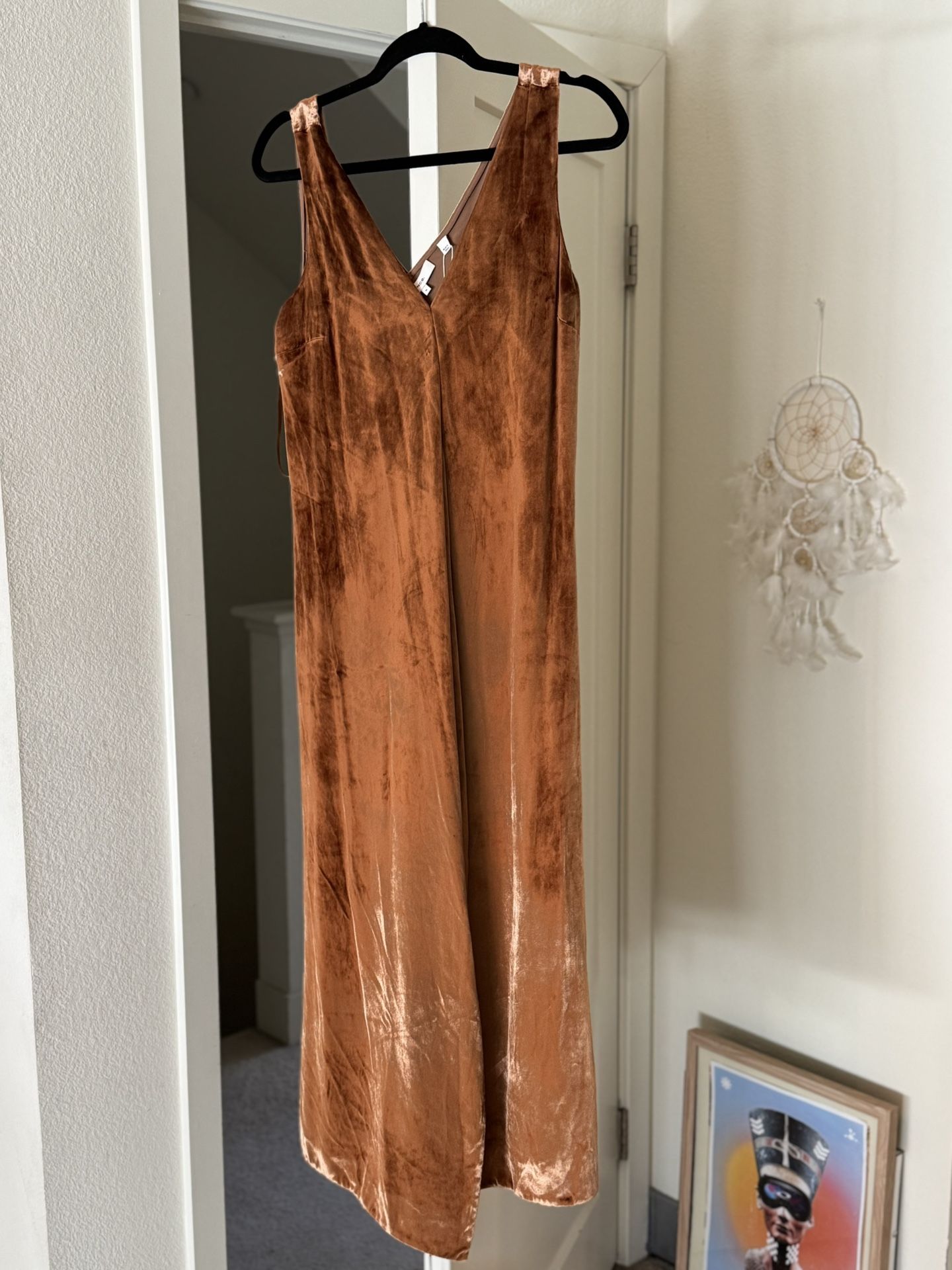 Vince Panne Dress Silk Velvet Brown V Neck - radharamanexports.com