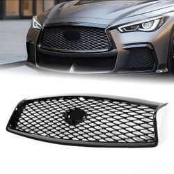 For 2014-2017 Infiniti Q50 JDM Front Bumper Upper Grille Gloss Black Grill