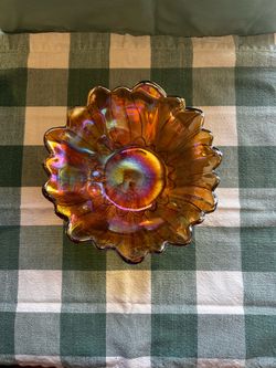 Vintage Iridescent Marigold Carnival Glass Flower Daisy Sunflower Candy Bowl