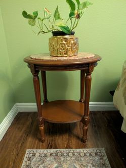Vintage Round Marble Top Wood Side Table night stand