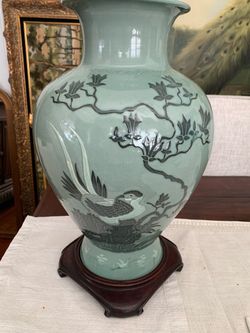 Large Celadon Porcelain Vase with Bird and Floral Design