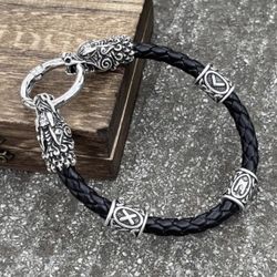 Double Dragon Head Leather And Stainless Steel Bracelet 
