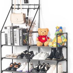 5 Tiers Shoe Rack, 20 Pairs Shoe Rack Organizer, Shoe Rack & Coat Rack, Space-Saving Shoe Rack for Closet, Non-Woven Fabric Shoe Shelf (Black)