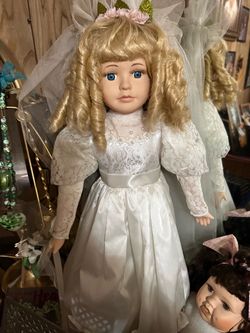 Porcelain Blonde Curly Hair Bride Girl Doll in White Wedding Dress with Veil