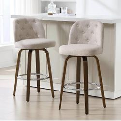 New in box  Bekrvio Bar Stools Set of 2, 26" Counter Height Swivel Barstools with Back, Walnut Bent Wood Legs, Linen Fabric Upholstered Counter Stools