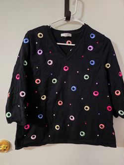 Jillian Jones Woman Black V Neck Sweater Colorful Embroidered Circles 3/4 Sleeve