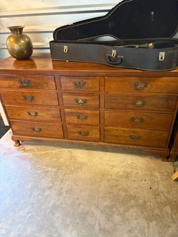 Vintage Wood 12-Drawer Dresser with Brass Hardware