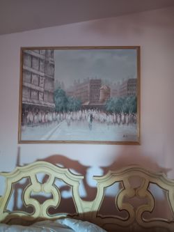 Framed Paris Street Scene Oil Painting
