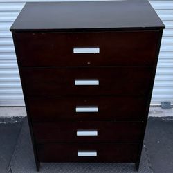 53”x34 modern dark wood six-drawer chest of drawers.