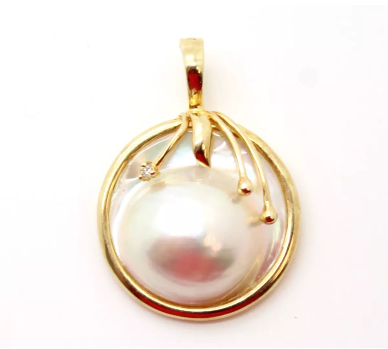 Estate 14K Yellow Gold Large  Mabe Blister Pearl  and diamond Pendant