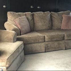 Tan/Brown Arm Chair and 3 Seater Pull Out Couch