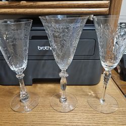 Etched Crystal Wine Glasses Qty 9 Vintage