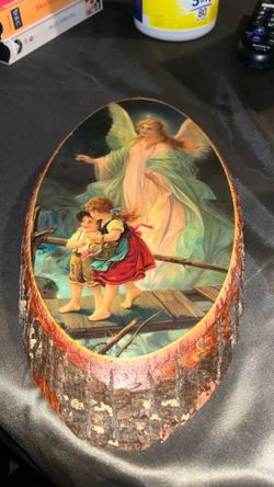 Guardian Angel Shellac Oval Wood Slice Wall Art Religious Live Edge Bark