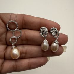 14k Earrings & Necklace Pearls Set With Diamonds 