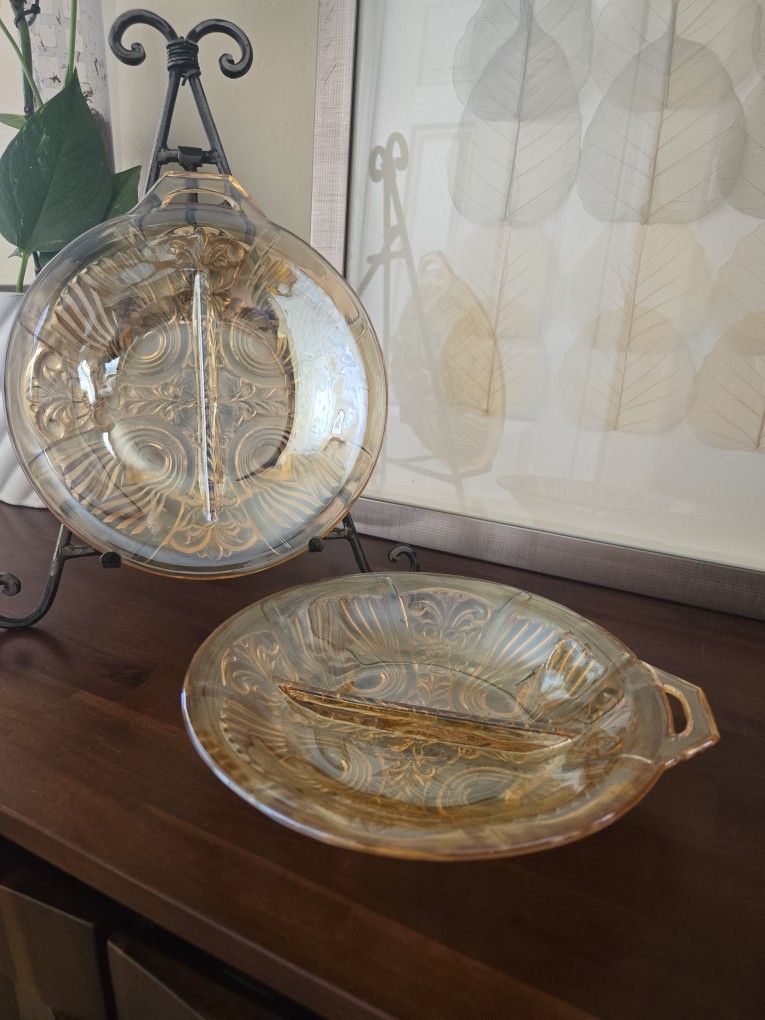 Vintage Amber Depression Glass Divided Relish Dishes – Set of 2