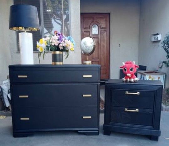 Dresser With 3 Large Drawers+ 2 Drawer Nightstand - All Solid Wood - Black With Gold