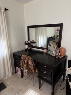 Dark Wood Vanity Desk with Mirror