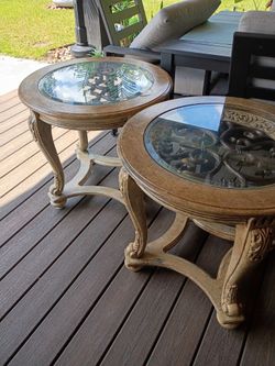 Two beautiful end tables heavy wood Alaskan $80 well worth it