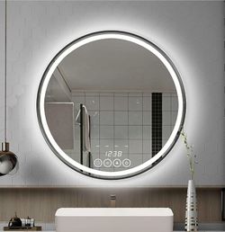 New- Round -LED- Wall Mounted Mirror with Clock and Defogger - 24 Inches