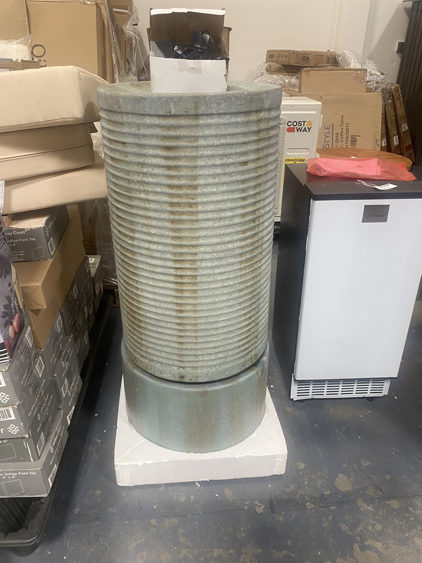 New in Box 44" Tall Large Round Green Ribbed Tower Water Fountain, Verge Bronze, Cement Outdoor Bird