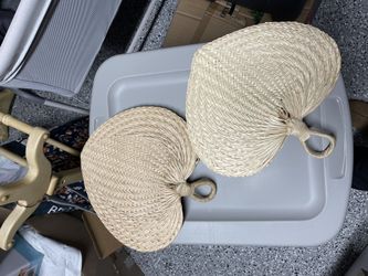 Vintage Straw Palm Leaf Wicker Rattan Fan 