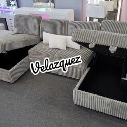 ✅️✅️3 pc Smoke grey corduroy fabric sectional sofa with double storage chaise and pop up sleep area in center✅️✅️